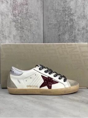 Golden Goose White Sneakers with Burgundy Glitter Star